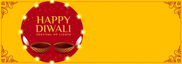 Joyeux Diwali Bannière Jaune Avec Diya