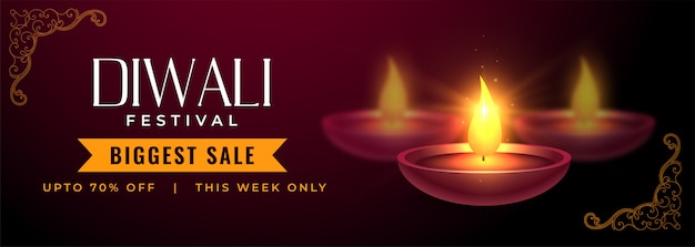 Joyeux Diwali Bannière De Vente Du Festival De Diya Réaliste