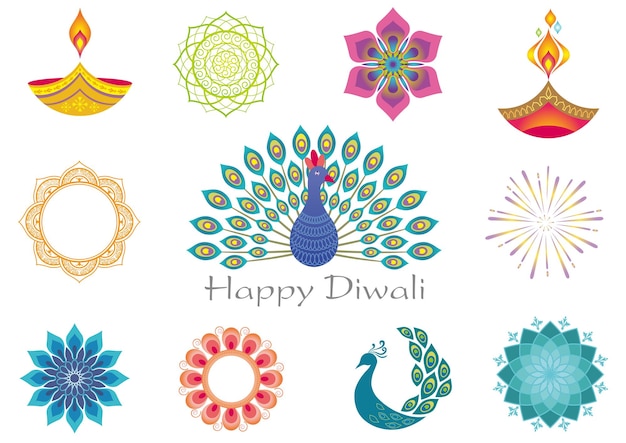 Vecteur gratuit joyeux diwali coloré rangoli icon set isolé sur fond blanc