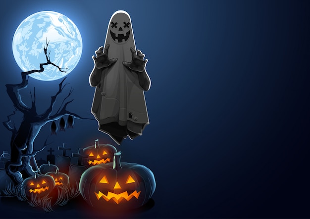 Joyeux halloween voeux avec ghost flottant dans l'air et les citrouilles dans la nuit.