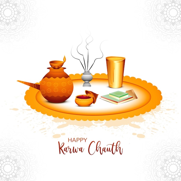 Vecteur gratuit joyeux karwa chauth avec puja thali décoré de fond de carte de voeux