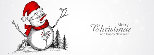 Joyeux Noël et bonne année carte de voeux avec personnage de bonhomme de neige joyeux dessiné à la main