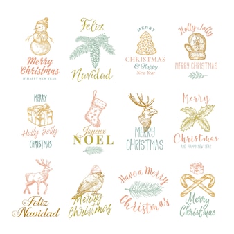 Joyeux Noël Et Bonne Année Ensemble De Modèles De Signes, D'étiquettes Ou De Logos Abstraits Vecteur gratuit