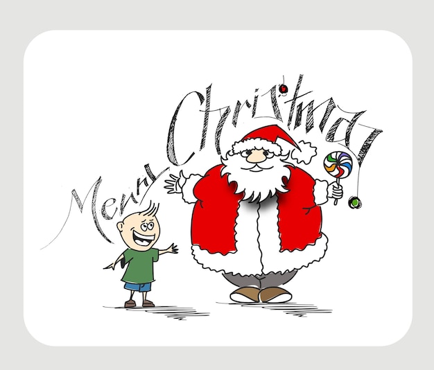 Joyeux Noël! Cartoon Style Funny Santa Claus Holding Candy Avec Petit Bébé Mignon, Illustration Vectorielle