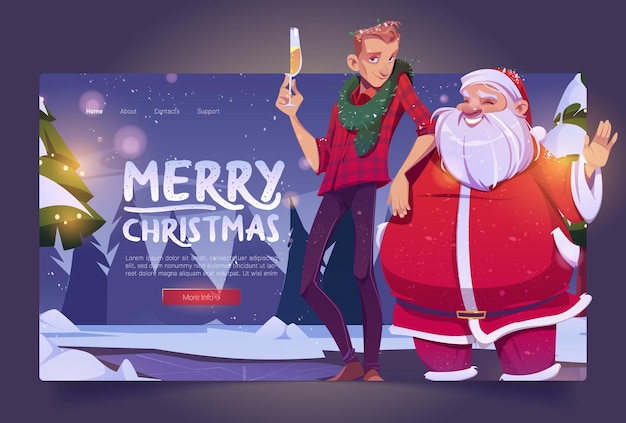 Joyeux Noël Dessin Animé Page De Destination Père Noël Et Homme Avec Verre De Champagne