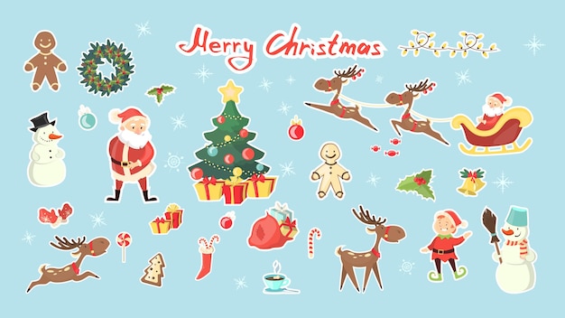Joyeux Noël Ensemble Père Noël Avec Bonhomme De Neige Et Cadeaux Et Décorations En Pain D'épice