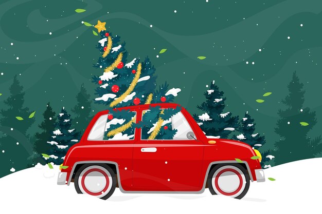 Vecteur gratuit joyeux noël illustration vectorielle camionnette rétro style vintage avec arbre de noël