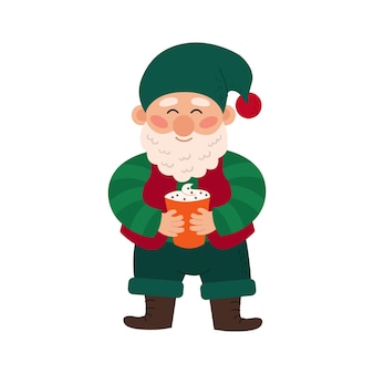 Joyeux petit gnome de noël mignon avec une barbe. elfe nain mignon tenant du cacao chaud. illustration vectorielle couleur d'un personnage de conte de fées isolé sur fond blanc.