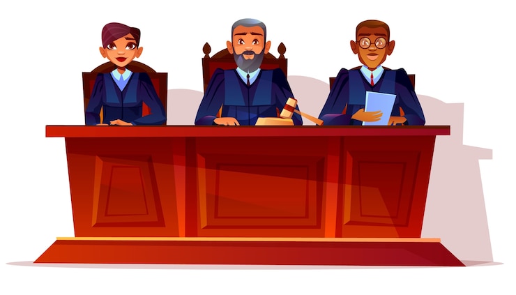 Vecteur gratuit les juges à l&#39;illustration de l&#39;audience procureur et secrétaire juridique, femme ou assesseur