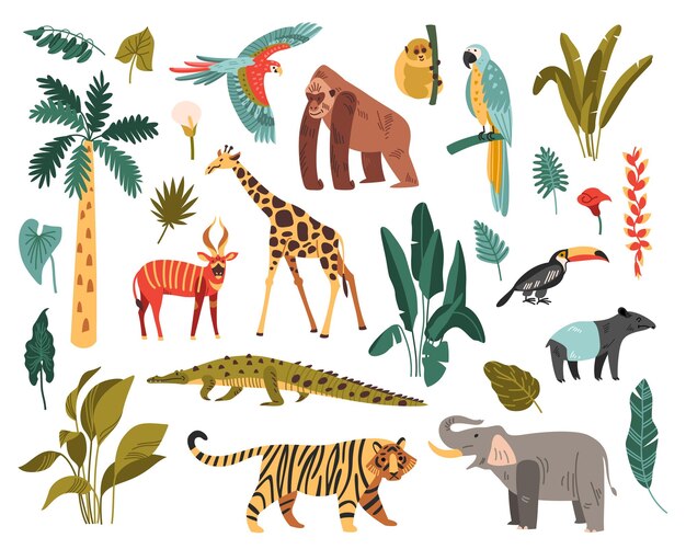 Jungle ensemble d'icônes isolées avec des oiseaux exotiques et des animaux sauvages avec des plantes tropicales et des arbres illustration vectorielle