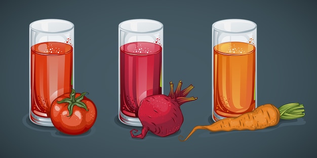 Vecteur gratuit jus de légumes frais biologiques sertis de verres de boissons carottes de betterave tomate isolés