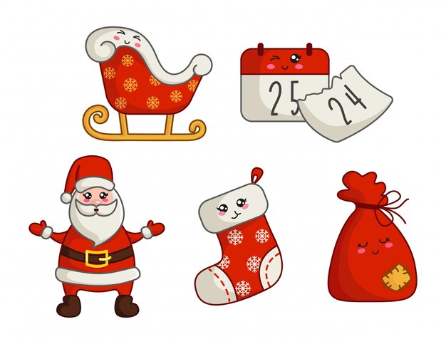 Kawaii Noel Et Nouvel An Des Decorations Mignon Pere Noel Sac Cadeau Chaussette Bas Vecteur Premium