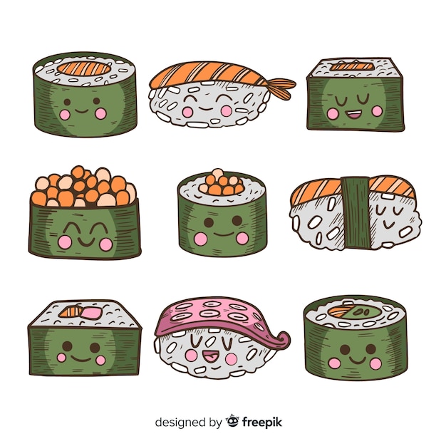 Vecteur gratuit kawaii sushi collectio