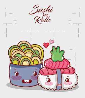 Kawaii sushi saumon wasabi et salade alimentaire dessin animé japonais, sushi et petits pains
