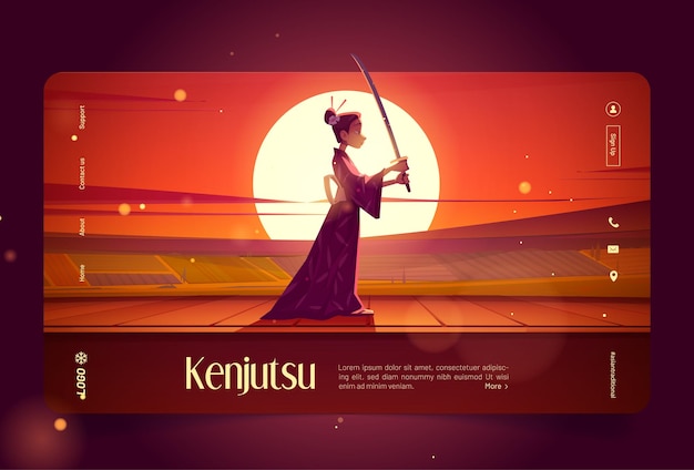 Vecteur gratuit kenjutsu, bannière d'art d'escrime traditionnelle japonaise. page de destination de vecteur de kendo, art de l'épée au japon avec illustration de dessin animé de fille en kimono avec katana sur fond de paysage coucher de soleil