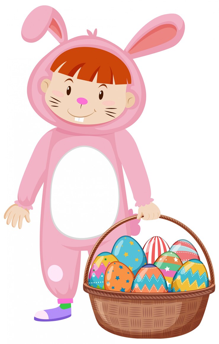 Vecteur gratuit kid en costume de lapin et oeufs de pâques dans le panier