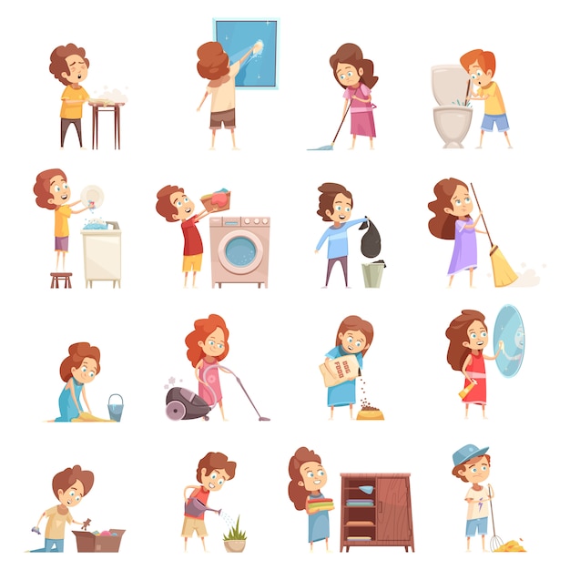 Vecteur gratuit kids cleaning cartoon icons set