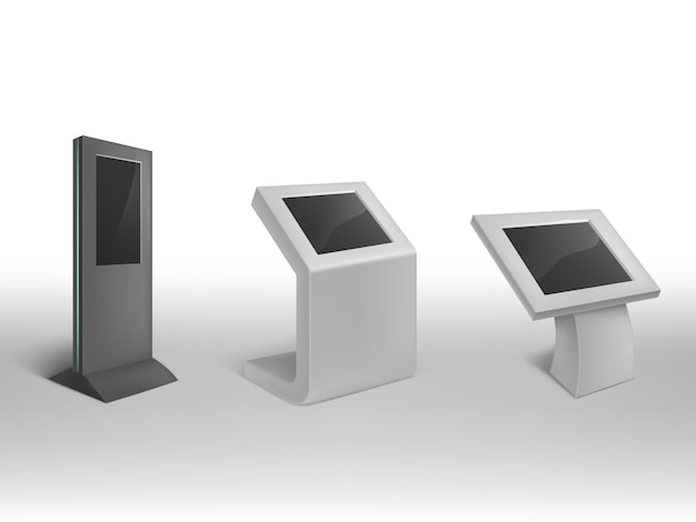 Kiosques d&#39;informations numériques réalistes 3D. Affichage numérique interactif, stand