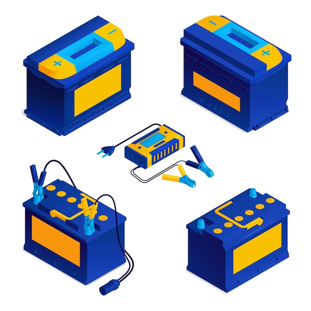 Vecteur gratuit kit de fil de connexion de clip de démarrage de saut de puissance d'urgence pinces ensemble isométrique de batterie de voiture bleue illustration vectorielle isolée