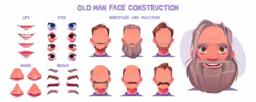 Vecteur gratuit kit de personnage de constructeur d'animation de visage de vieil homme
