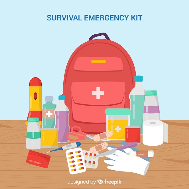 Vecteur gratuit kit de survie d'urgence en version plate