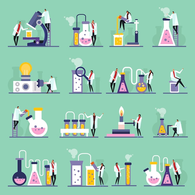 Laboratoire Scientifique Icônes Plates Personnages Humains Tubes à Essai Et Flacons De Substances