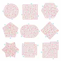Vecteur gratuit labyrinthe jeu façon rébus sertie d'images de labyrinthe isolés sur fond blanc avec des chemins de solution marque illustration vectorielle