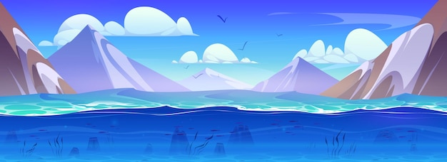 Vecteur gratuit lac de montagne avec vue sous-marine illustration de dessin animé vectoriel d'un fond d'eau bleue avec des mauvaises herbes, des pierres et des poissons nageant sur des vagues sur une surface rocheuse, des oiseaux volant dans un ciel ensoleillé, des sommets enneigés