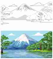 Vecteur gratuit le lac de serene mountain avant et après l'illustration