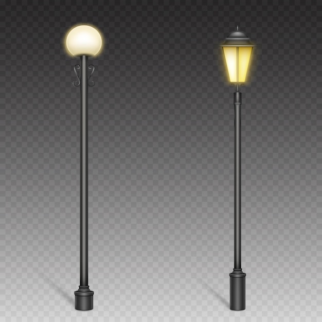 Lampadaires vintage, lampadaires rétro sur poteaux en acier pour éclairage urbain.