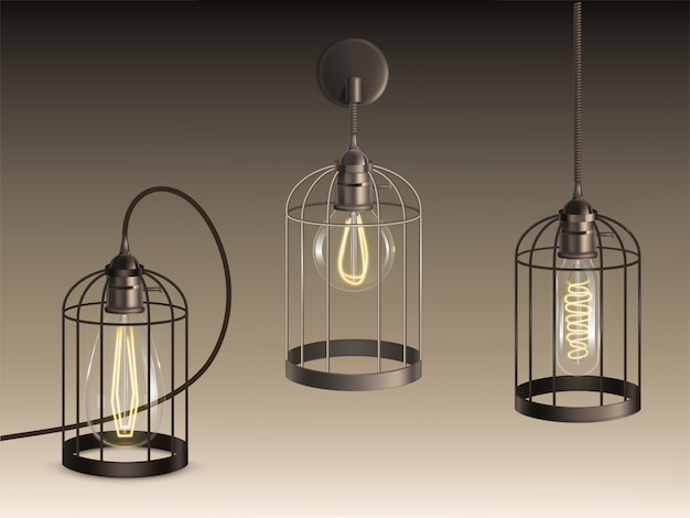 Vecteur gratuit lampes de style loft avec des ampoules incandescentes de forme différente