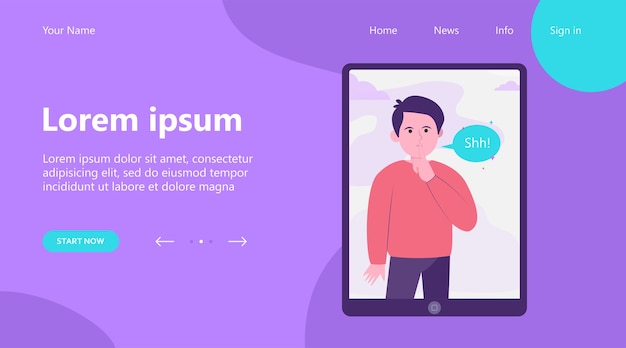 Vecteur gratuit landing page, shh man sur l'écran de la tablette. doigt, silence, illustration vectorielle plane discours bulle. concept de communication et de message