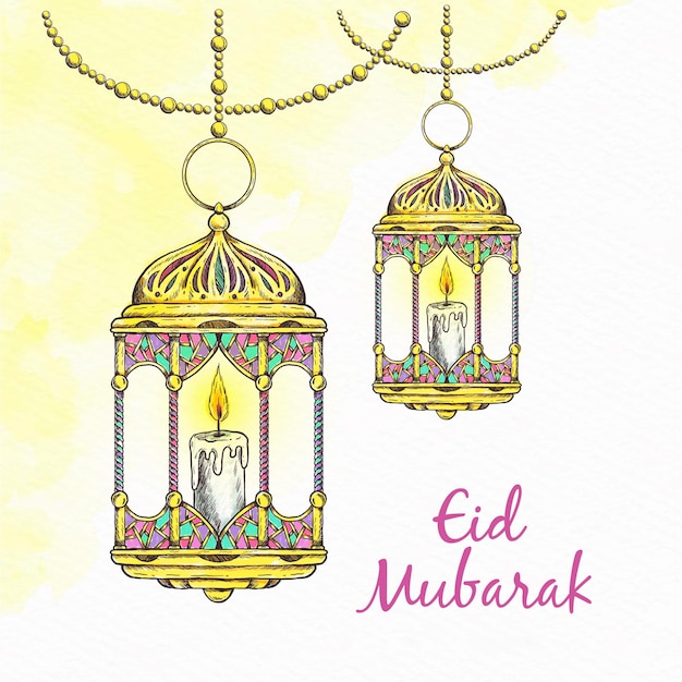 Vecteur gratuit lanterne dorée heureuse eid mubarak dessiné à la main