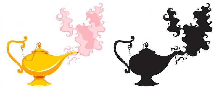 Vecteur gratuit lanterne magique ou lampe aladdin en couleur et silhouette isolé sur fond blanc