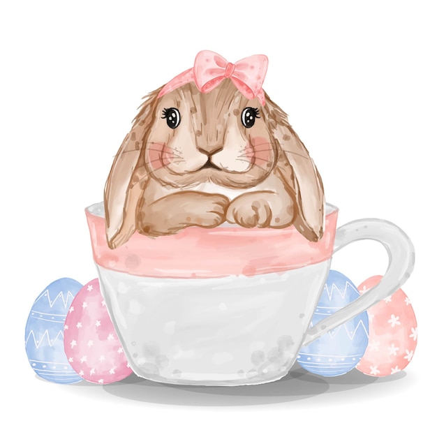 Lapin Aquarelle Avec Des Oeufs Roses Et Bleus