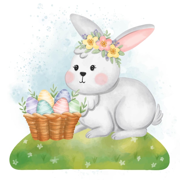 Vecteur gratuit lapin blanc avec un œuf de pâques illustration à l'aquarelle