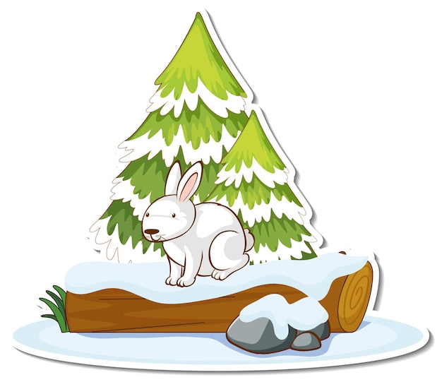 Vecteur gratuit un lapin blanc avec un pin recouvert de neige autocollant