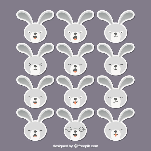 Vecteur gratuit lapin mignon avec différentes expressions faciales