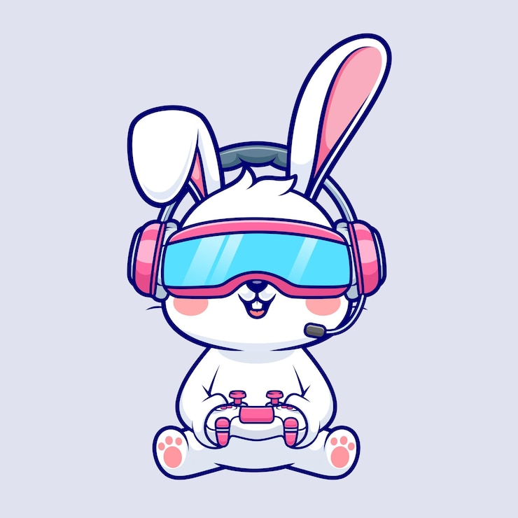 Vecteur gratuit le lapin mignon joue au jeu vr avec le contrôleur cartoon vector icon illustration animal technology flat