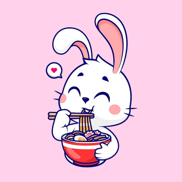 Vecteur gratuit lapin mignon mangeant des nouilles ramen dessin animé vecteur icône illustration nourriture animale icône concept isolé