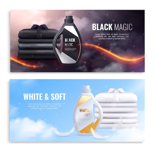 Vecteur gratuit lavage de vêtements bannières réalistes avec publicité de détergent doux pour lin blanc et noir
