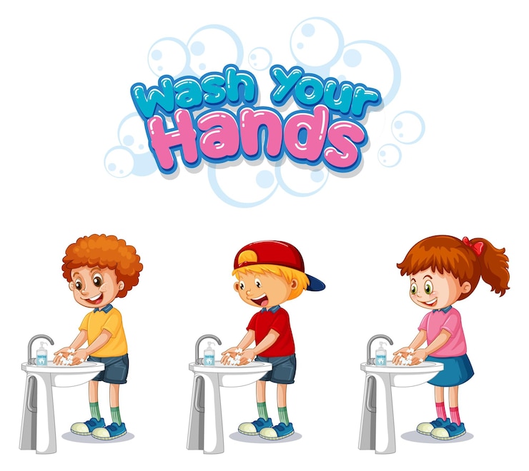 Vecteur gratuit lavez-vous la conception de polices de mains avec des enfants se lavant les mains sur fond blanc