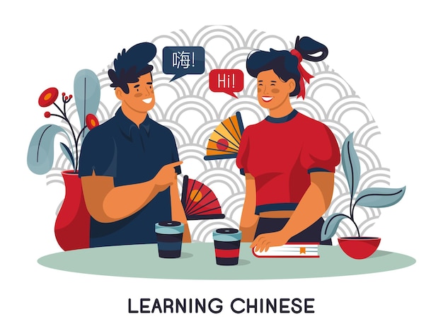 Vecteur gratuit leçon de chinois avec tuteur ou enseignant, bannière ou arrière-plan. les gens parlent de langue étrangère, de communication ou de conversation. étude de la langue et de la culture chinoises. thème de l'éducation.