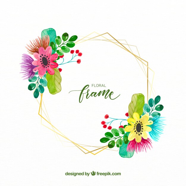 Élégant cadre floral aquarelle avec des lignes dorées