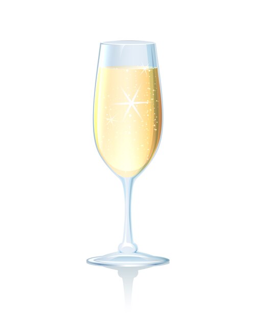 Élégante flûte à longue tige de champagne frais pétillant sur une surface réfléchissante pour célébrer un mariage romantique