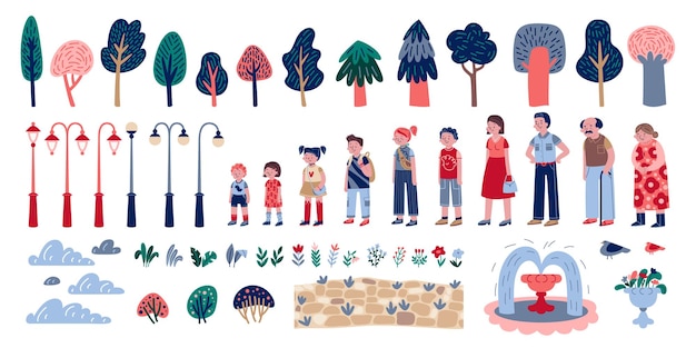 Élément de paysage de personnes serti d'icônes isolées d'arbres lampadaires fleurs et doodle illustration vectorielle de personnages humains