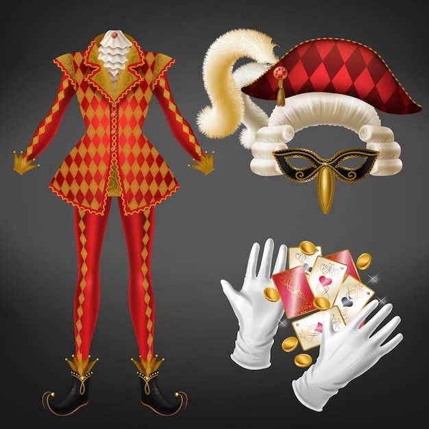 Éléments de costume Joker réalistes avec veste rouge à carreaux, chapeau bicorne décoré de plumes moelleuses