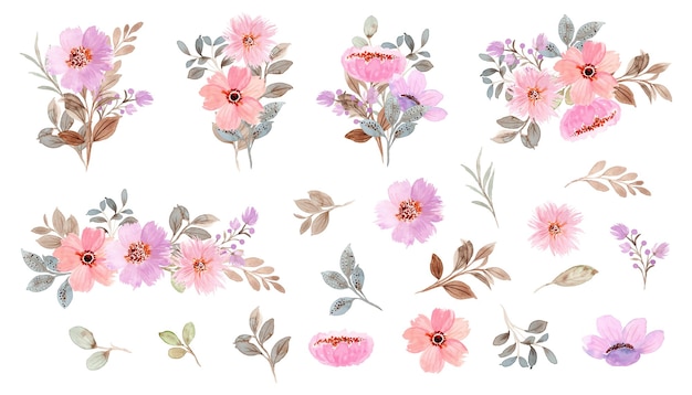 Éléments floraux à l'aquarelle et collection de bouquets