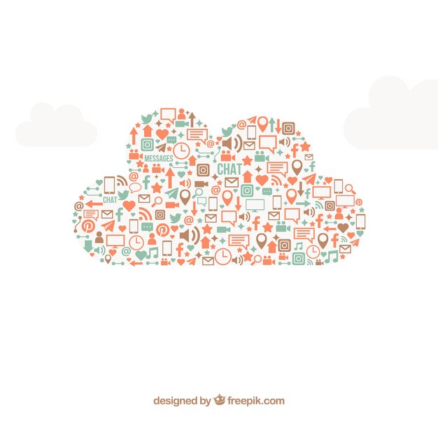 Éléments de médias sociaux dans une forme de nuage dans un style plat