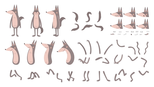 Éléments de personnage de dessin animé de loup mignon sertie de visage de queue de pattes de corps isolé sur illustration vectorielle fond blanc